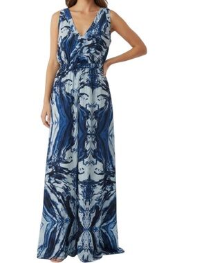 Red Saks Fifth Ave Blue Marble Surplice Knot Detail Sleeveless Maxi Dress